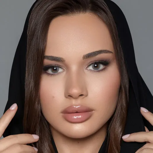 Close-up of a woman with makeup and a black hijab wearing Laila Love colored contact lenses named Silent Gray